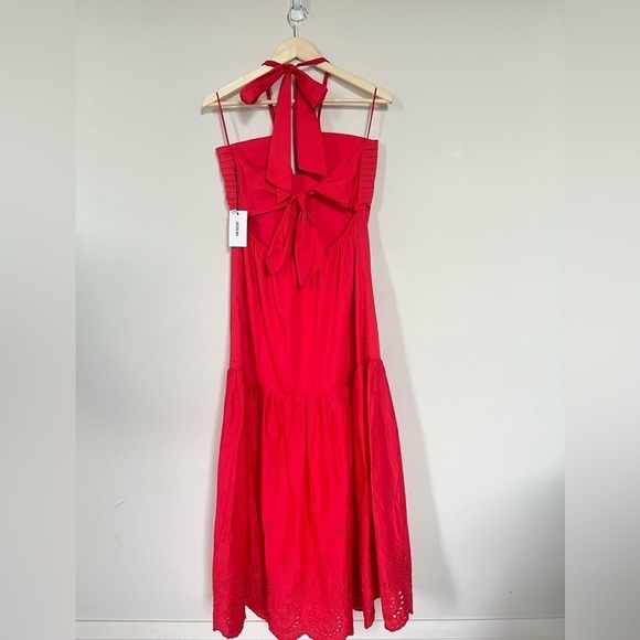 Jason Wu Red Maxi Halter Dress Deep V Backless Drop Waist Eyelet Detail NWT Sz L - Picture 3 of 11